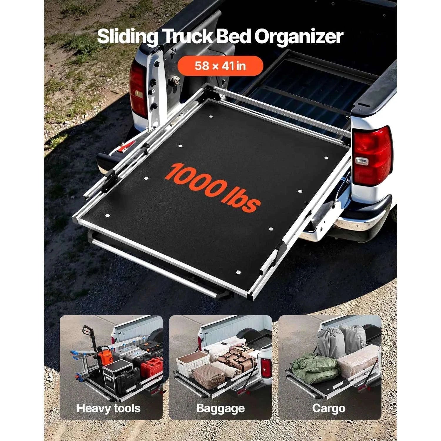 1000 lb Sliding Truck Bed Organizer with 6 Movable Rings and 2-Position Slide-Out Tray-78 x 48 in / United States
