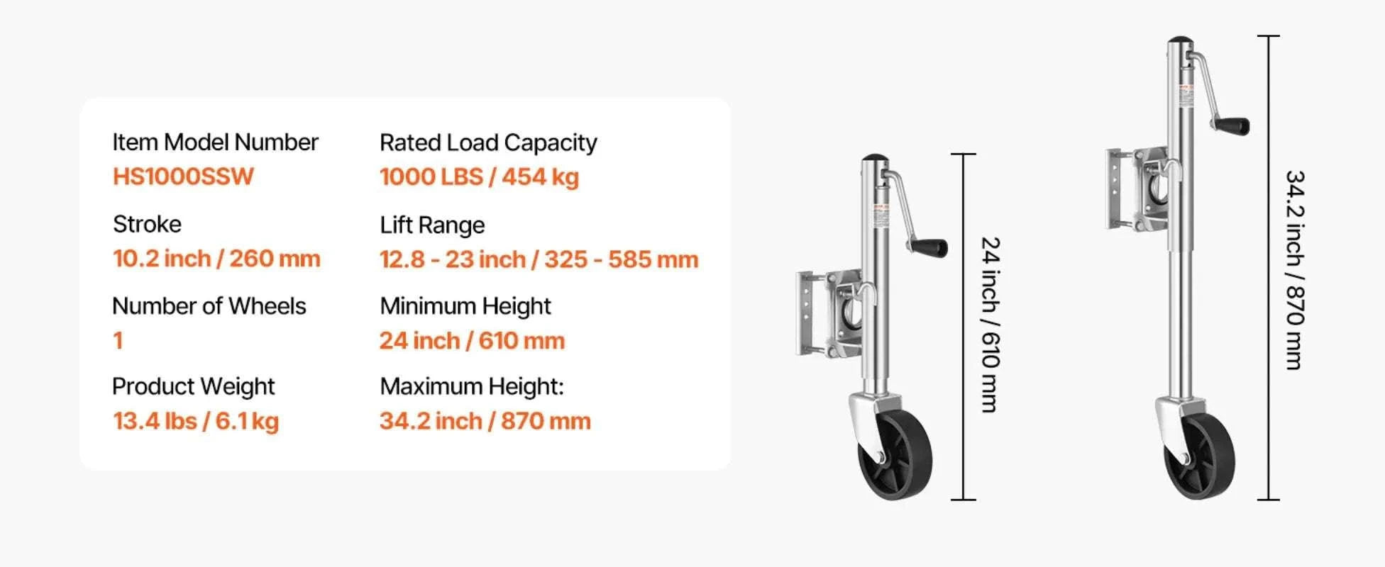 1000 lb Trailer Jack with Wheel, Swivel, 10" Lift for RV & Boat-United States
