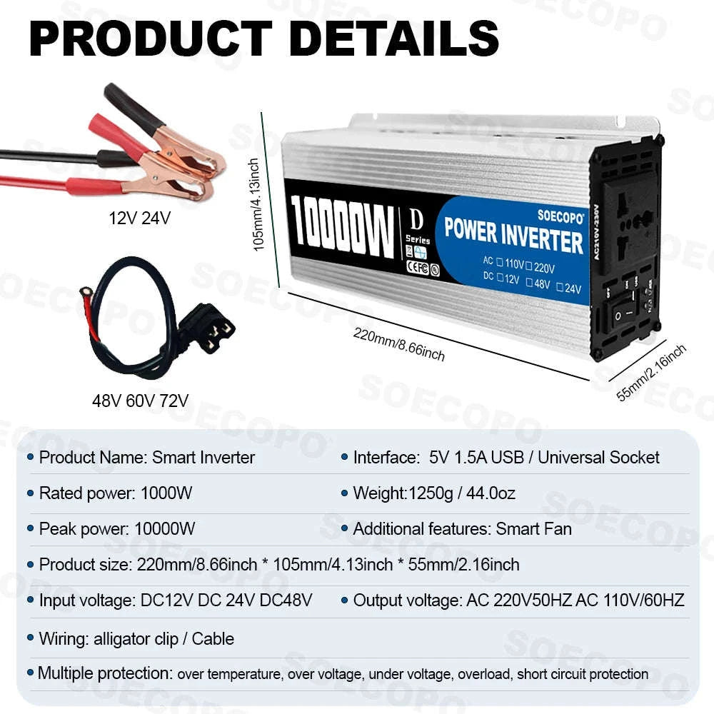 10000W DC to AC Power Inverter 12V 24V 48V to 220V with USB Port and Protection Features-12V TO 110V / China Mainland