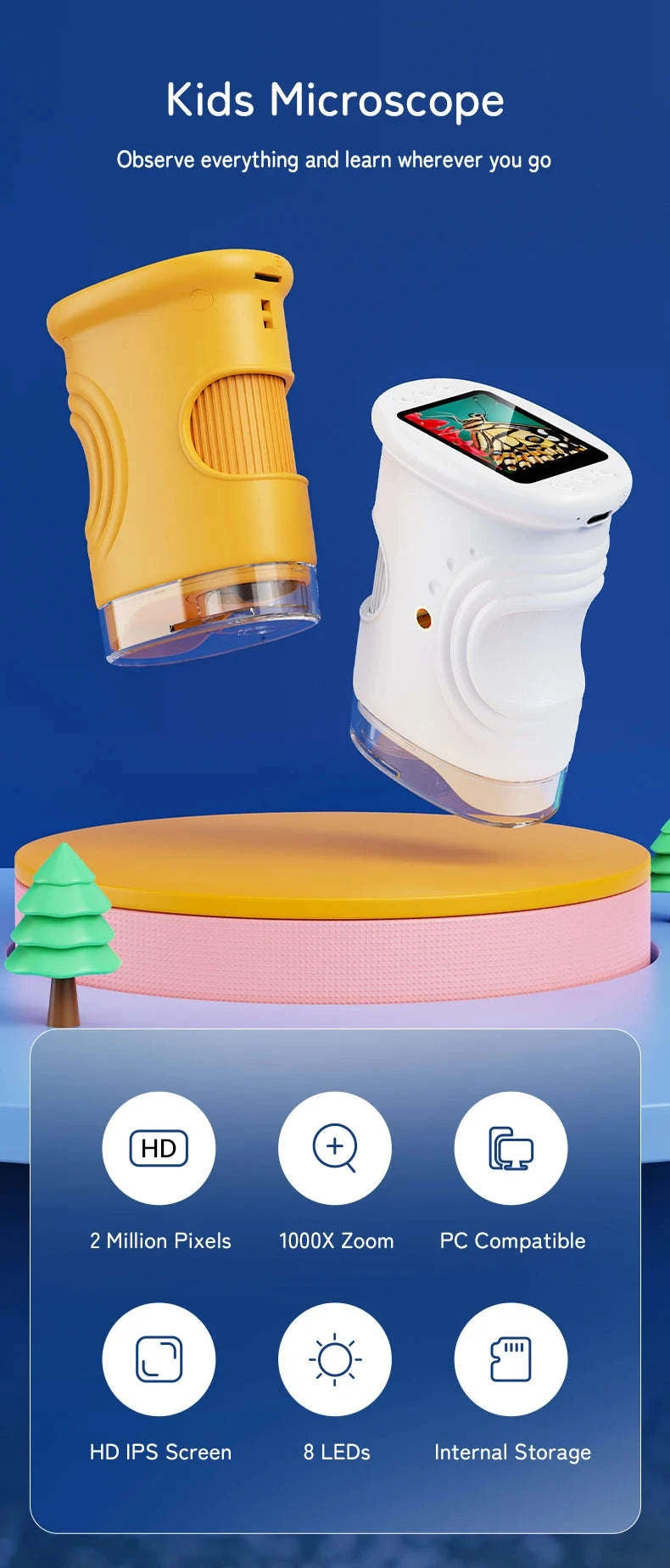 1000X Handheld Microscope for Kids with Screen-Pink / 1000X