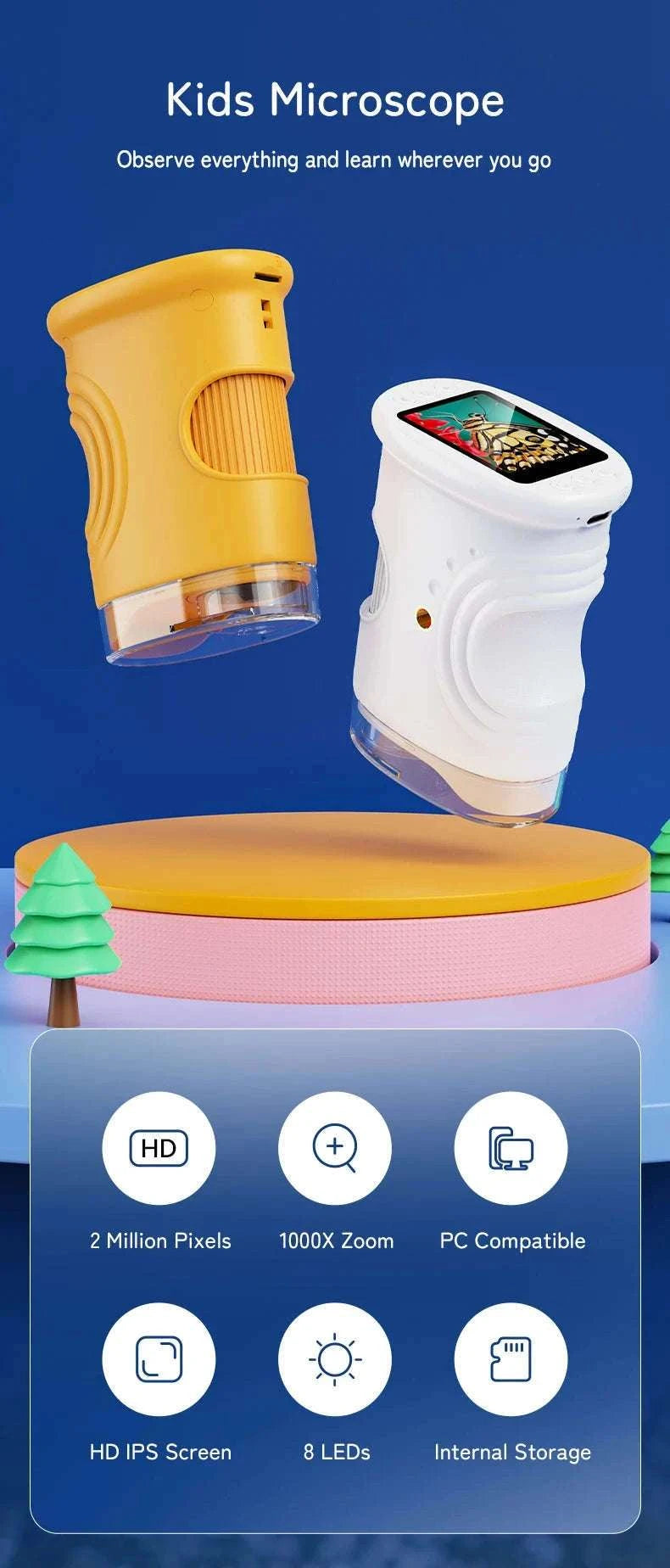 1000X Handheld Microscope for Kids with Screen-Pink / 1000X