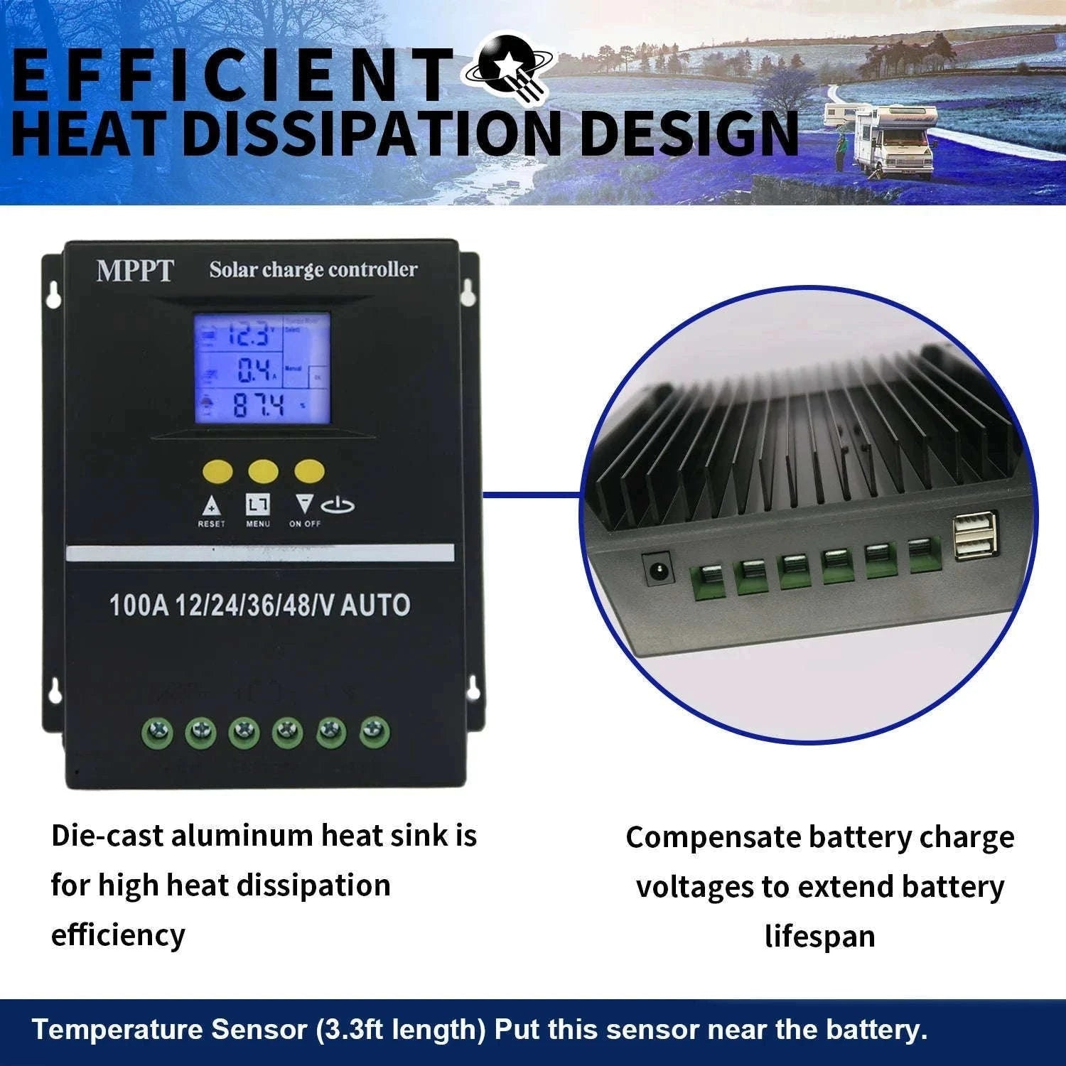 100A MPPT Solar Charge Controller with Dual USB-100A