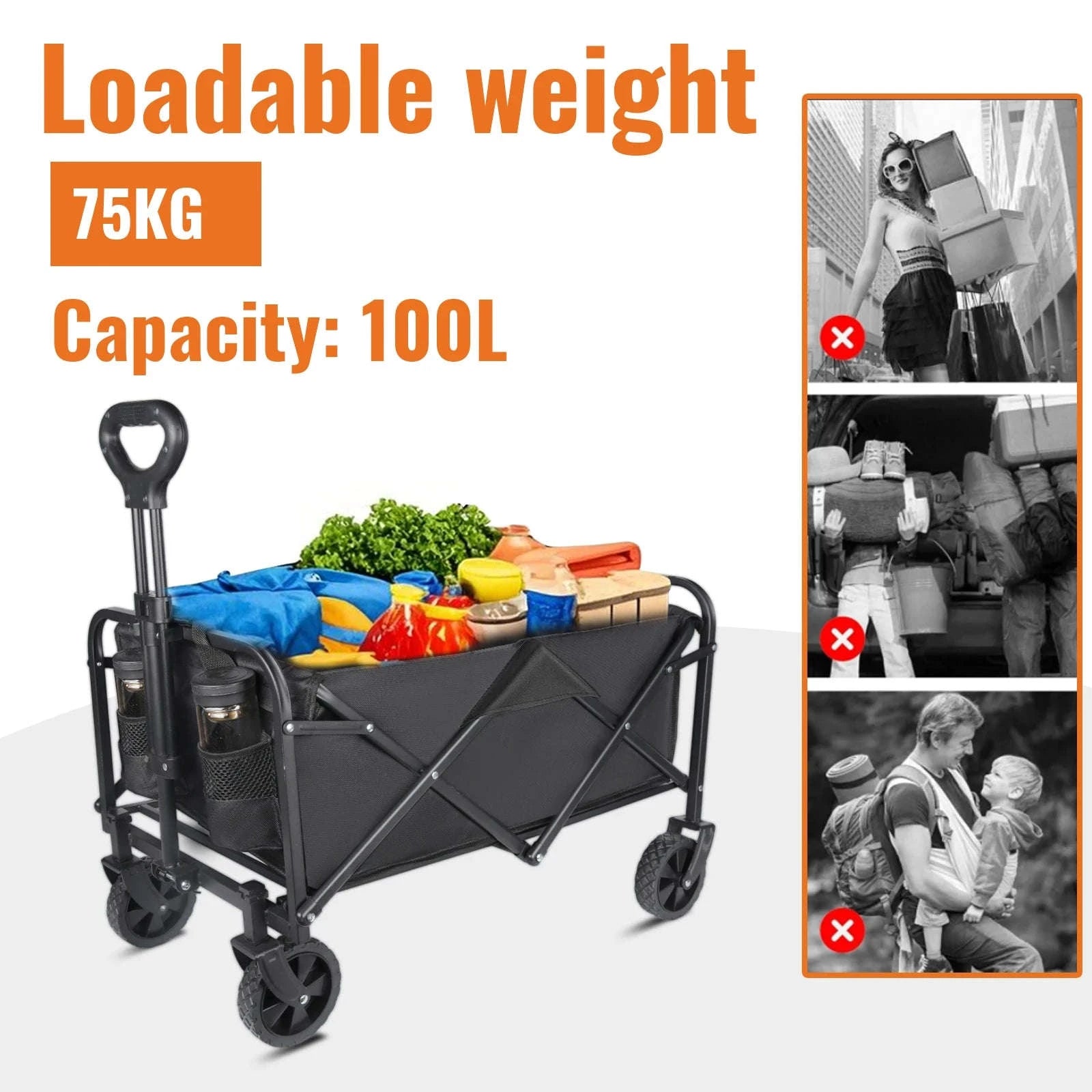 100L Foldable Wagon Cart with Wheels 75kg Load Outdoor Trolley-black / france