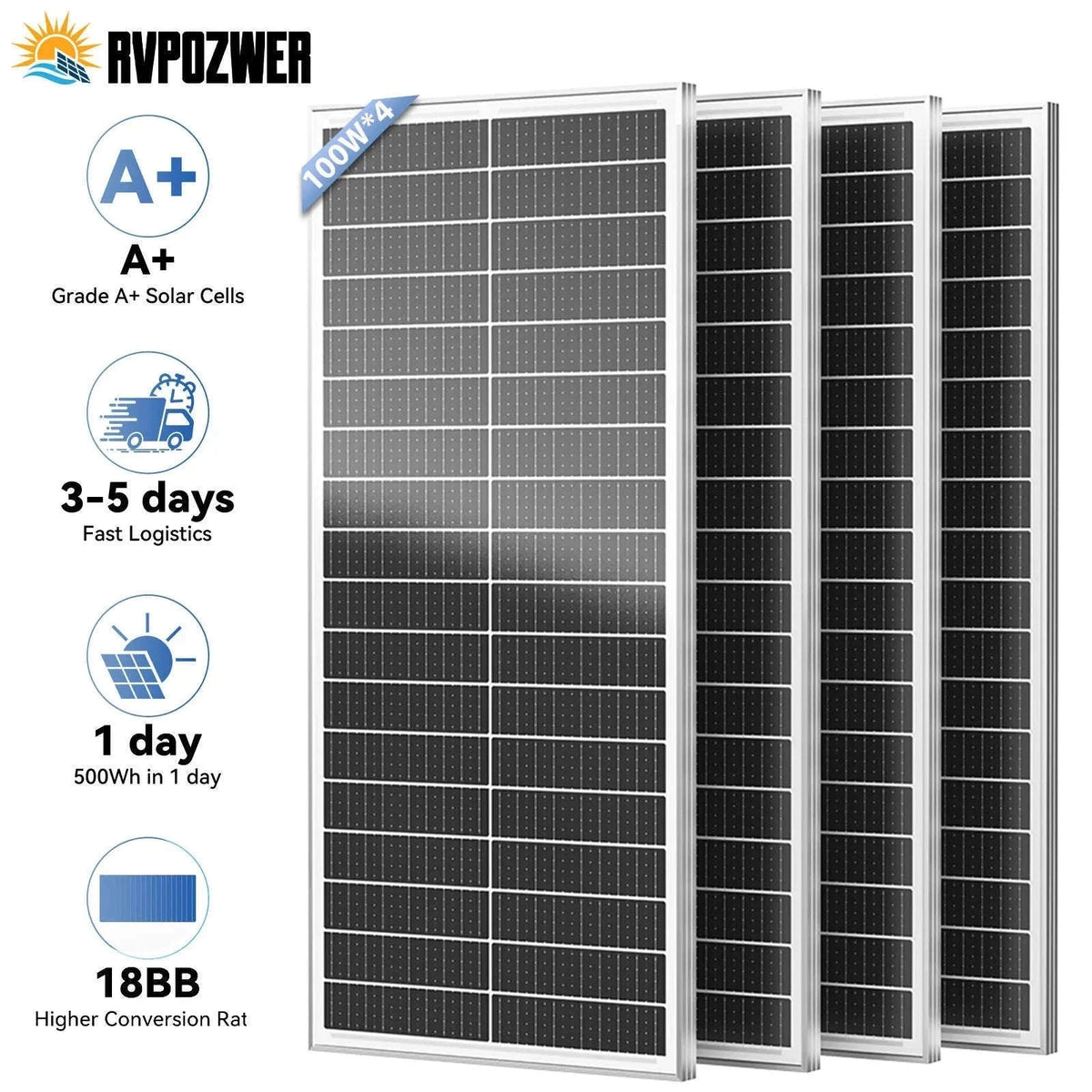 100W 12V Monocrystalline Solar Panel for RV and Trailer-400W / United States
