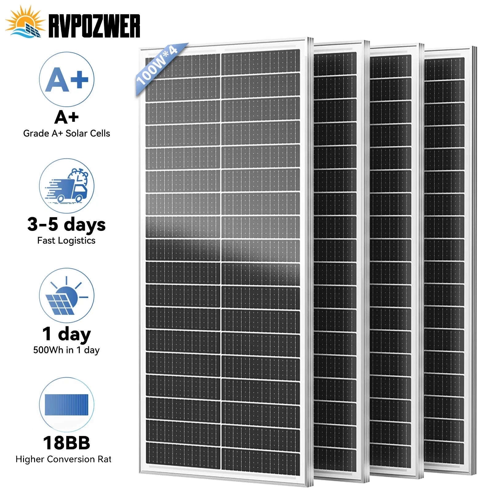 100W 12V Monocrystalline Solar Panel for RV and Trailer-400W / United States