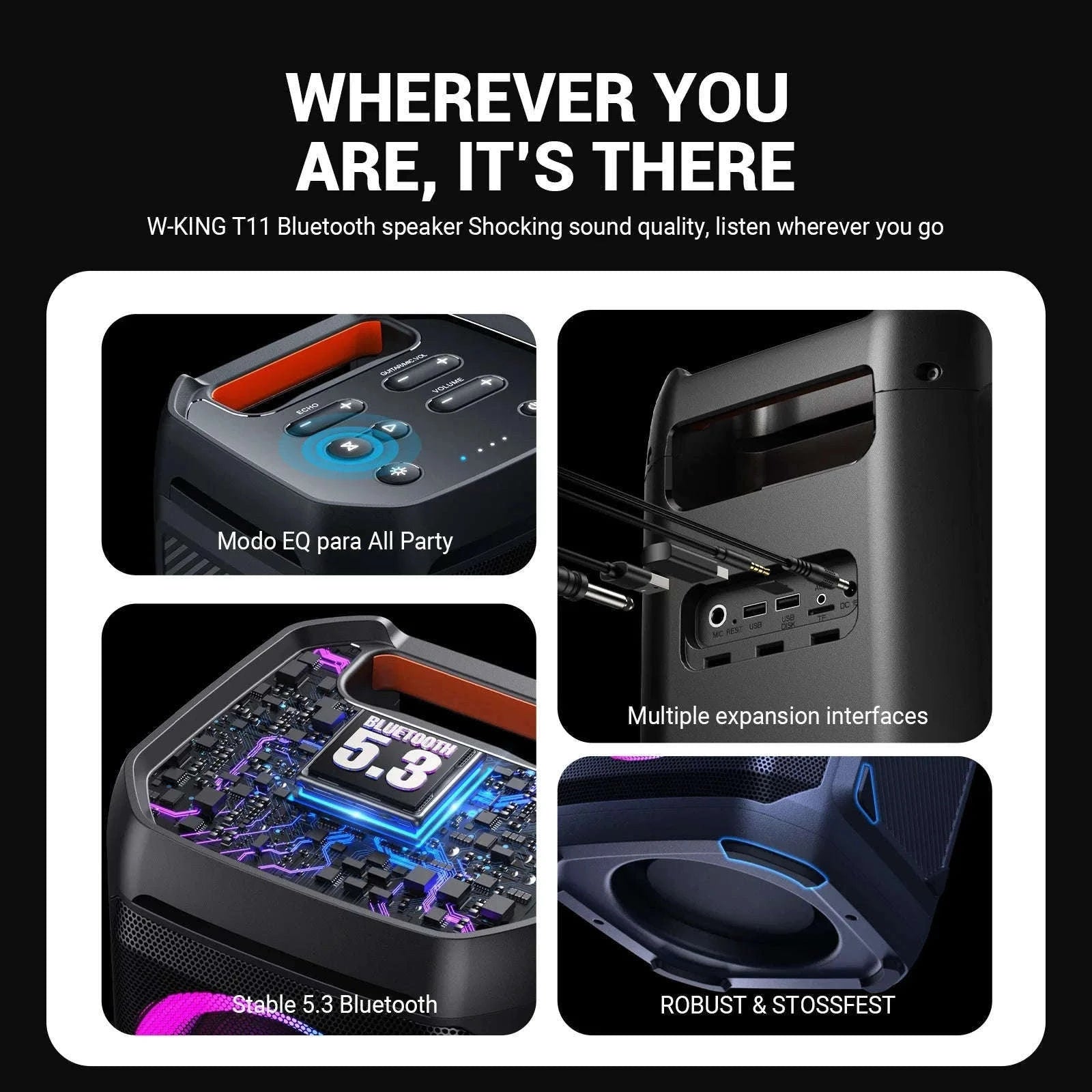 100W Bluetooth Party Speaker with Deep Bass, 24H Play & IPX6 Waterproof-black / 1.25" / 5.25"|United States|Speaker