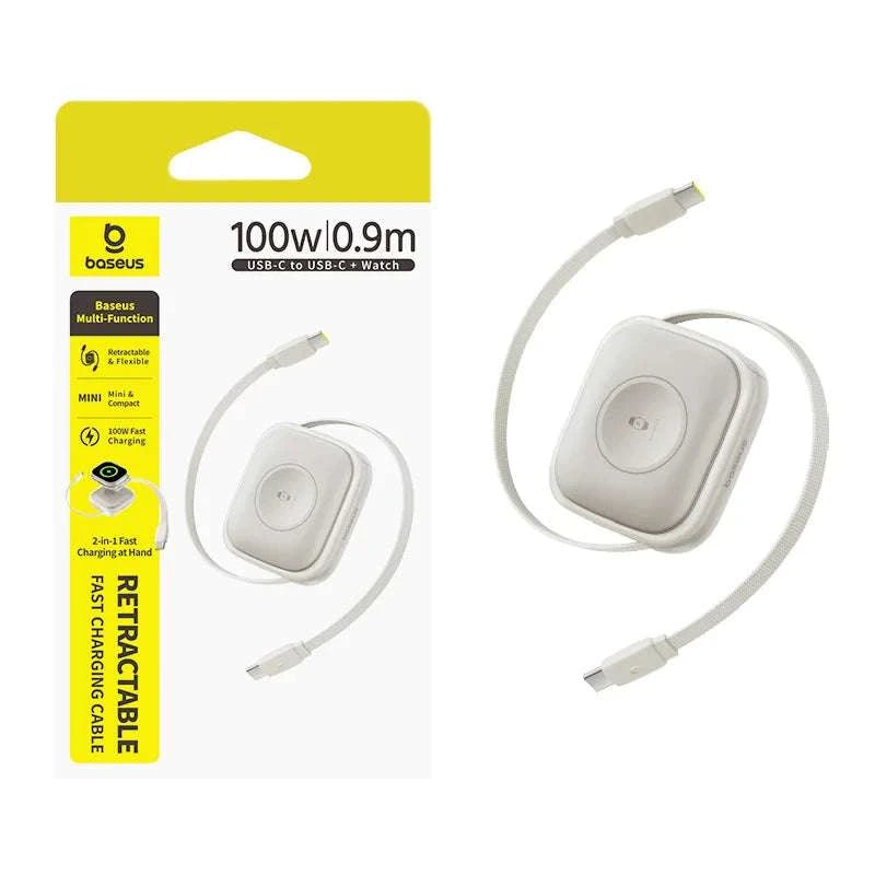 100W Retractable USB-C Fast Charging Cable with Magnetic Design-White / 0.9m / Type-C to Type-C