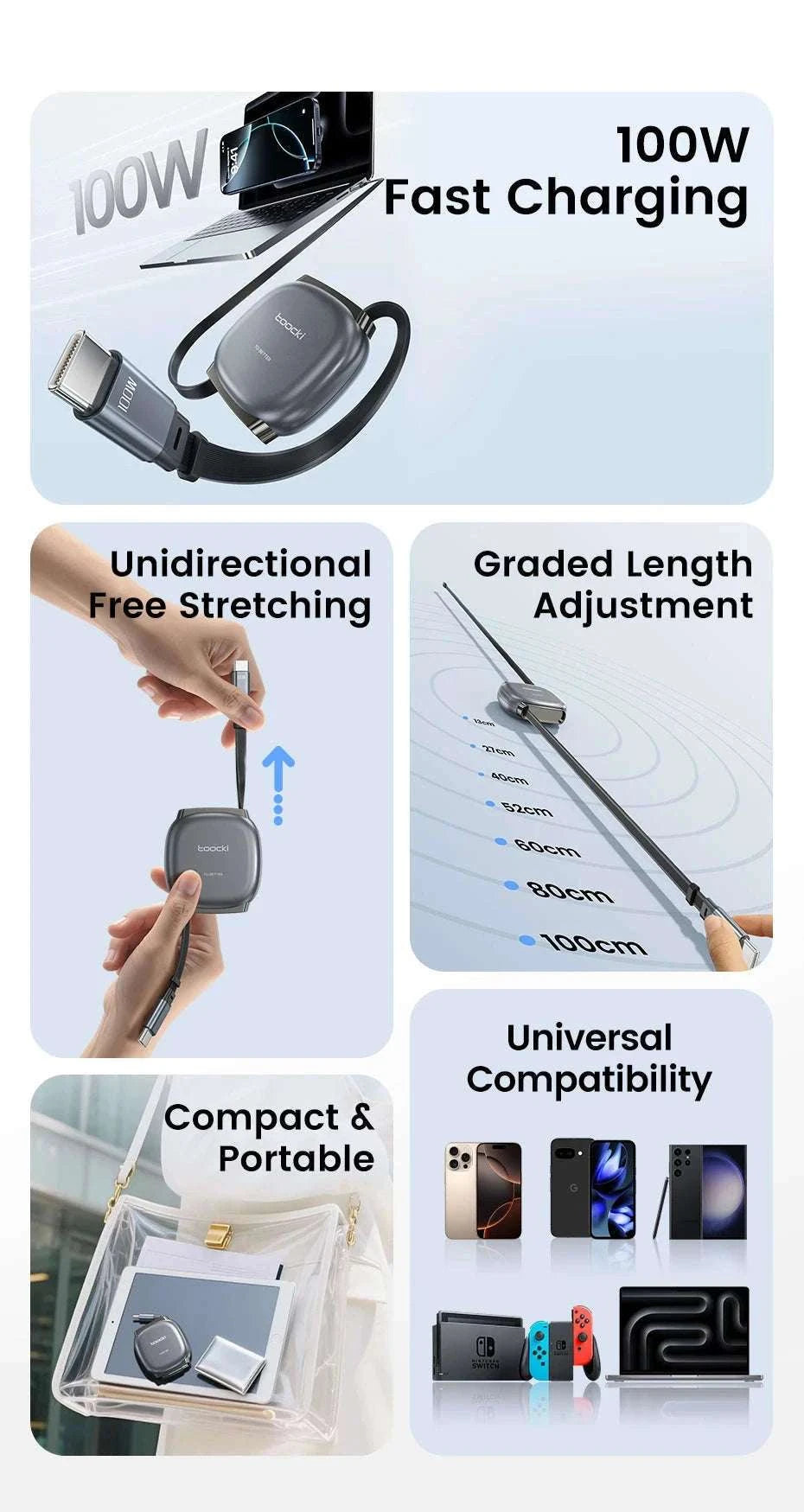100W Retractable USB-C Fast Charging Cable with Magnetic Storage-