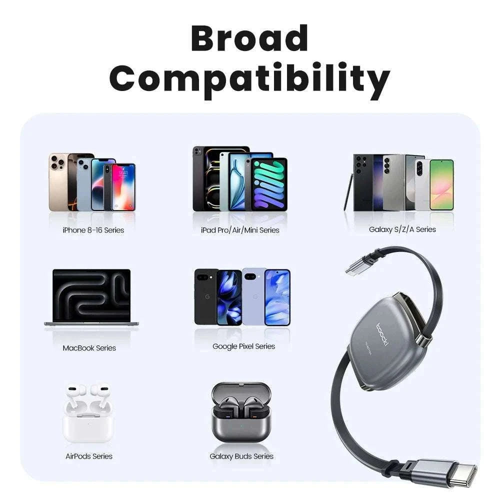 100W Retractable USB-C Fast Charging Cable with Magnetic Storage-