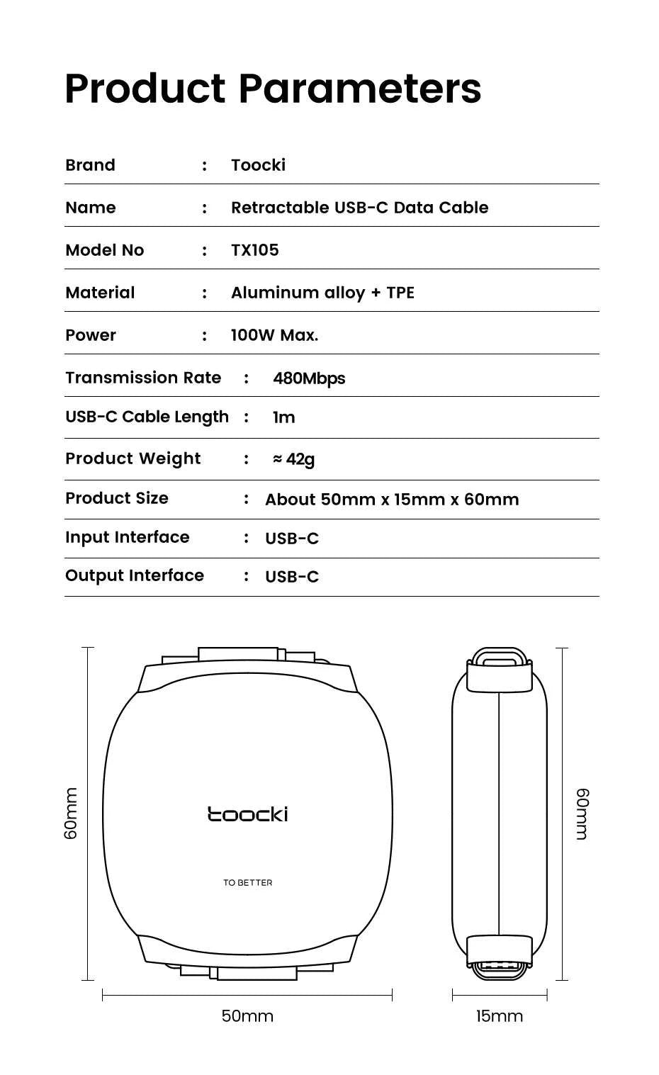 100W Retractable USB-C Fast Charging Cable with Magnetic Storage-Grey / 1m
