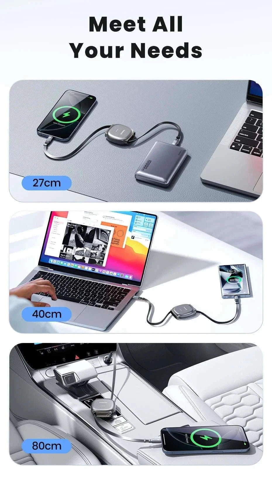 100W Retractable USB-C Fast Charging Cable with Magnetic Storage-Grey / 1m