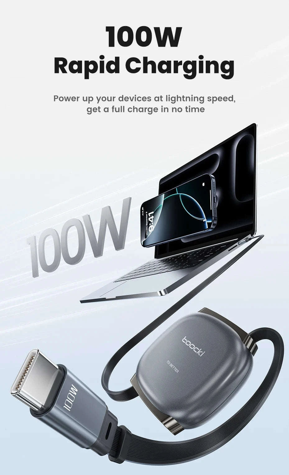 100W Retractable USB-C Fast Charging Cable with Magnetic Storage-Grey / 1m
