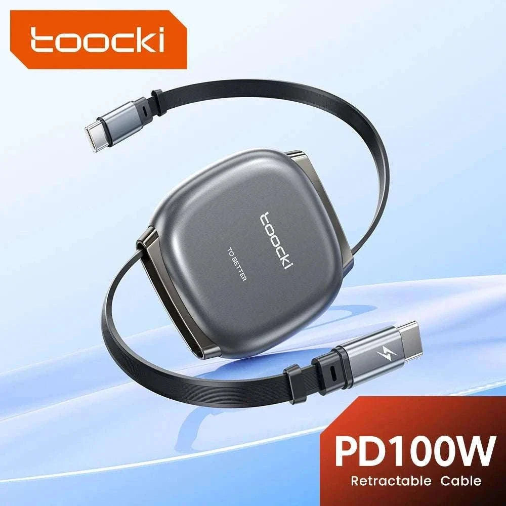 100W Retractable USB-C Fast Charging Cable with Magnetic Storage-Grey / 1m