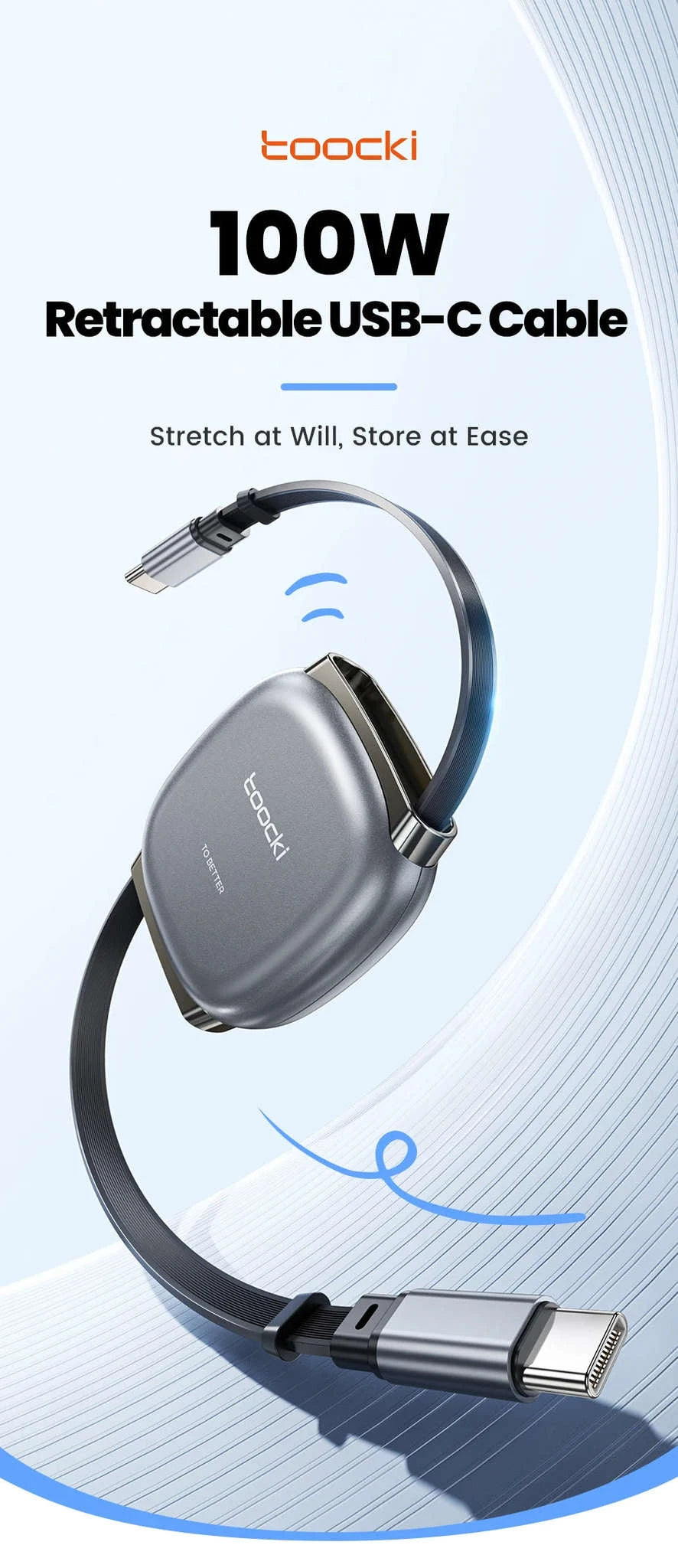 100W Retractable USB-C Fast Charging Cable with Magnetic Storage-Grey / 1m