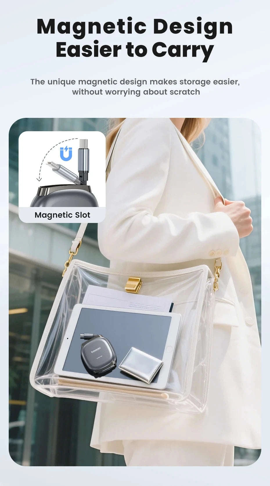 100W Retractable USB-C Fast Charging Cable with Magnetic Storage-Grey / 1m