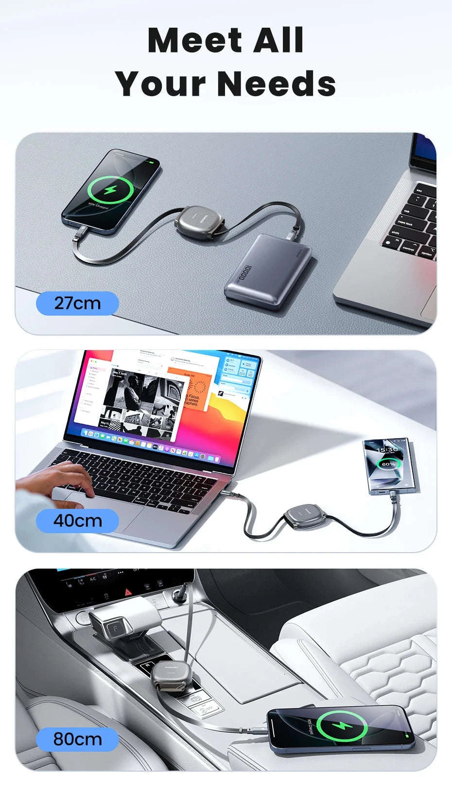 100W Retractable USB-C Fast Charging Cable with Magnetic Storage-Grey / 1m