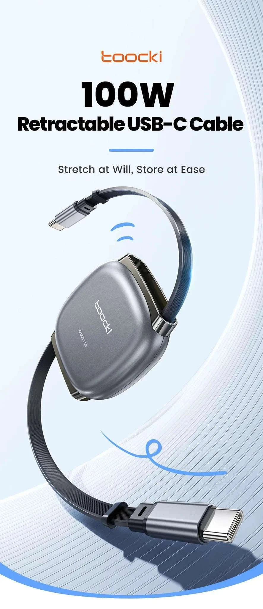100W Retractable USB-C Fast Charging Cable with Magnetic Storage-Grey / 1m