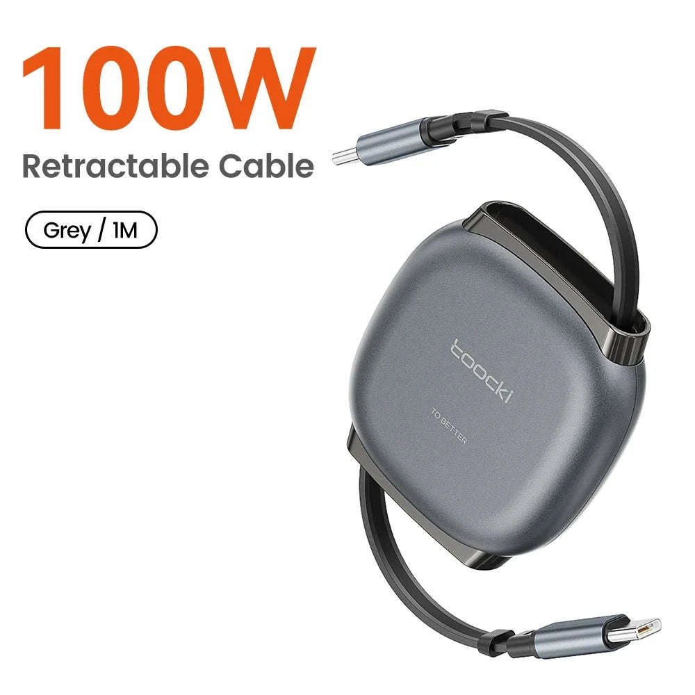 100W Retractable USB-C Fast Charging Cable with Magnetic Storage-Grey / 1m