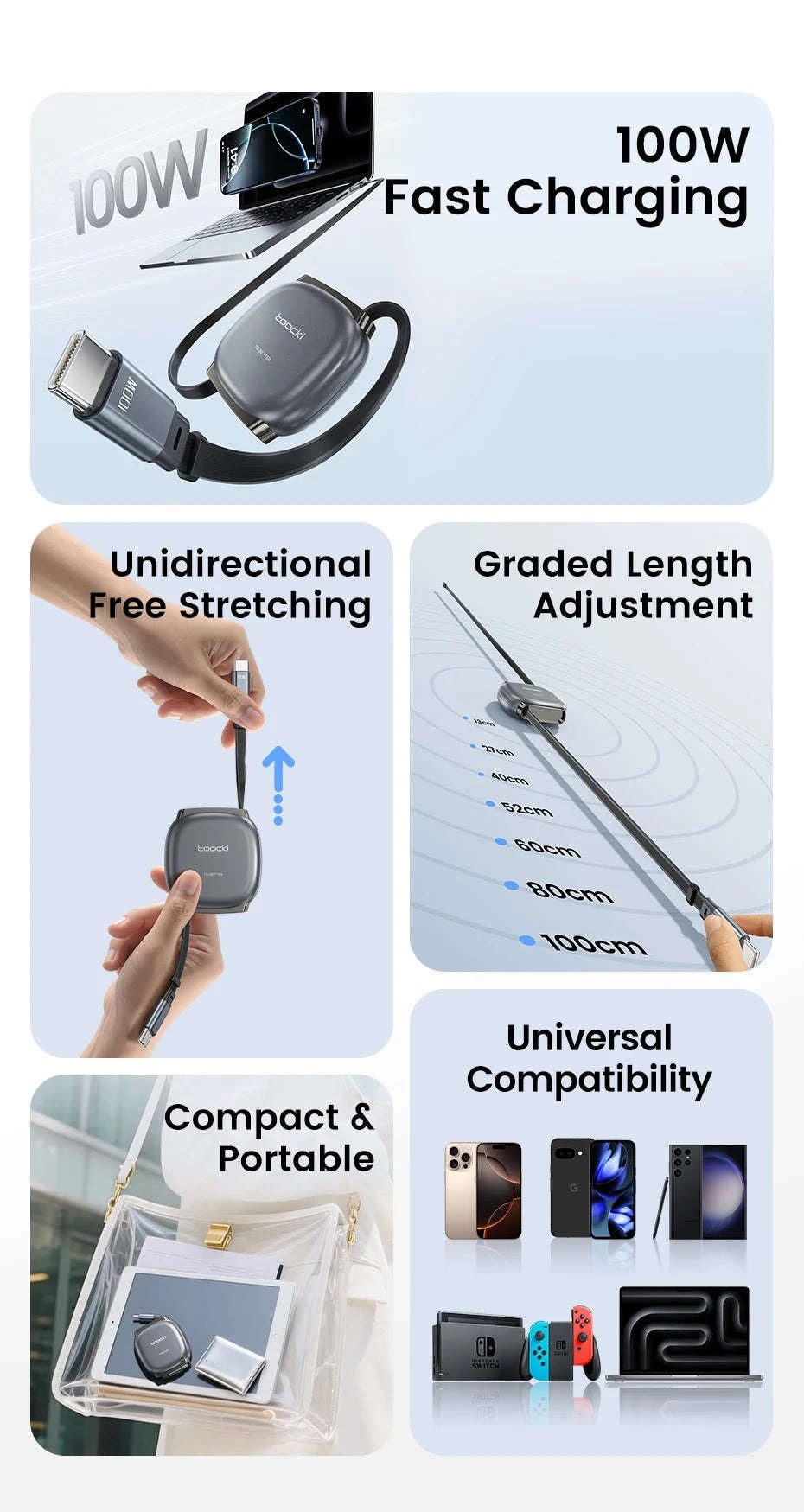 100W Retractable USB-C Fast Charging Cable with Magnetic Storage-Grey / 1m