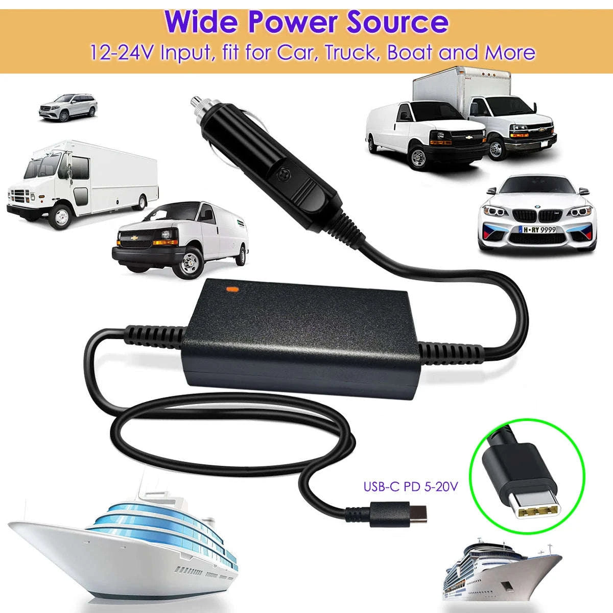100W Universal Car Charger USB-C PD 12V-24V-100W USBC PD