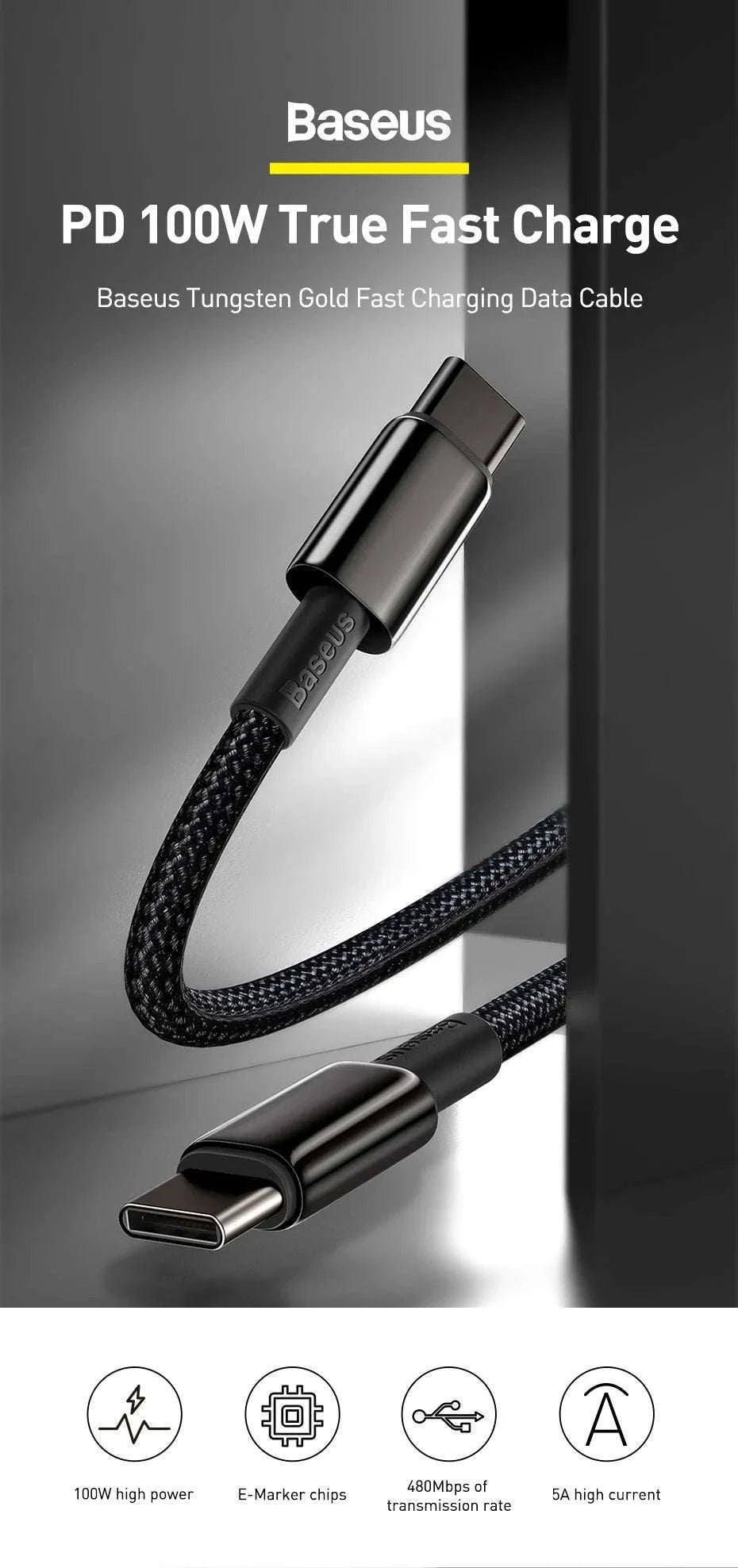 100W USB-C Fast Charging Cable for iPhone 15, MacBook, Samsung-Black / 2m