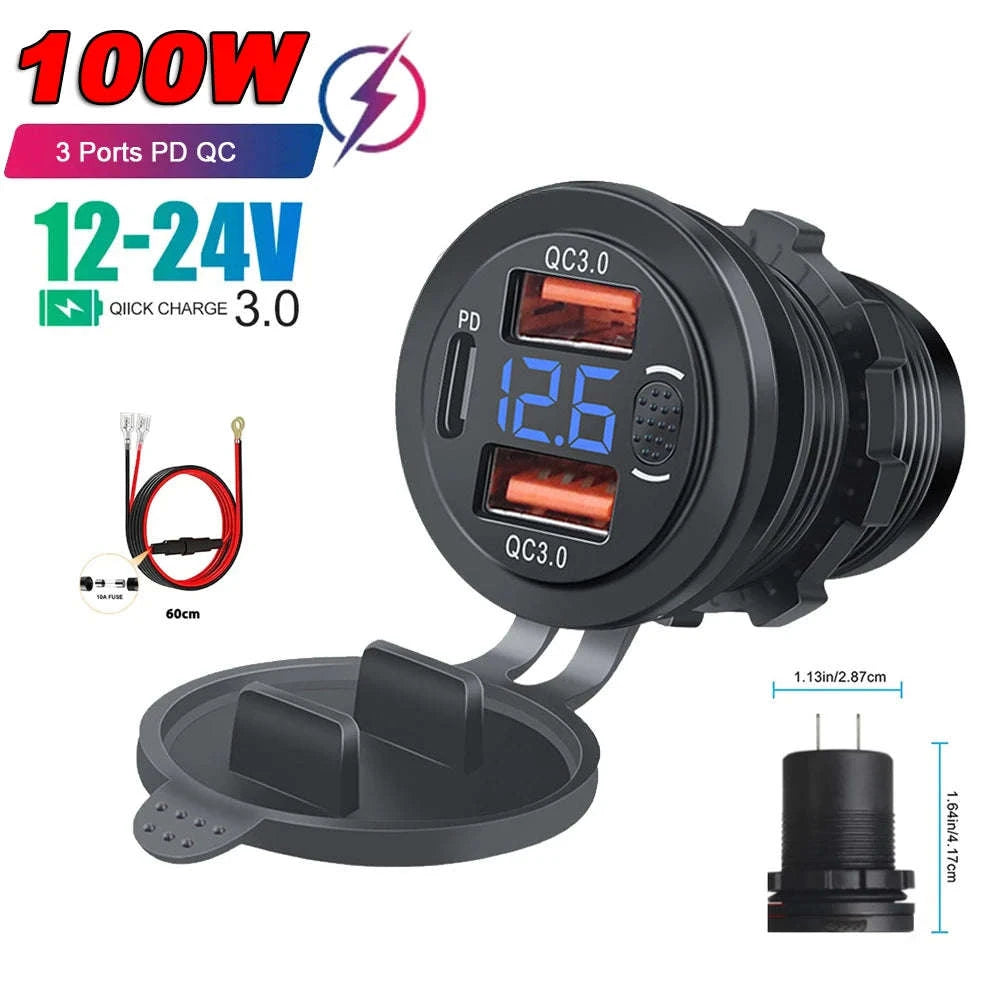 100W USB Car Charger Socket with Dual QC3.0, USB-C PD, Voltmeter and Touch Switch-Blue with wire