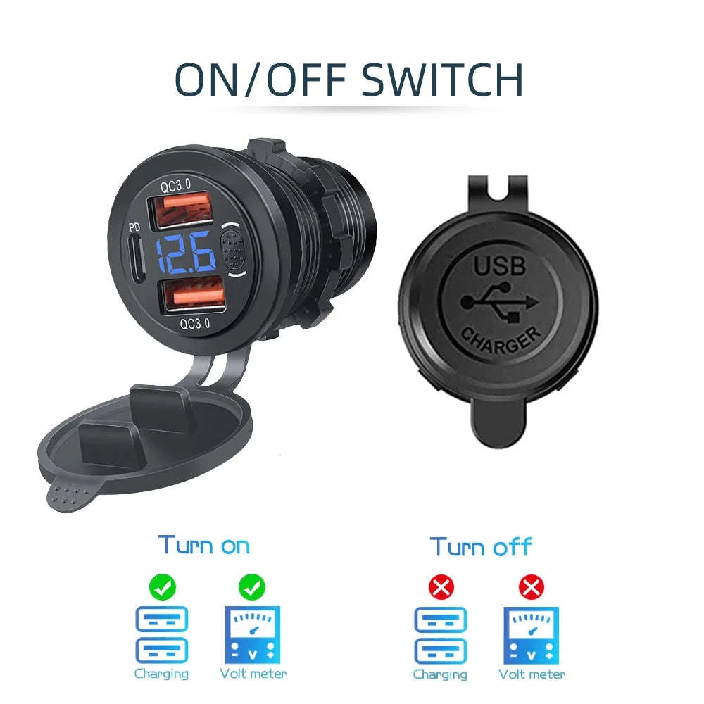 100W USB Car Charger Socket with Dual QC3.0, USB-C PD, Voltmeter and Touch Switch-Blue with wire
