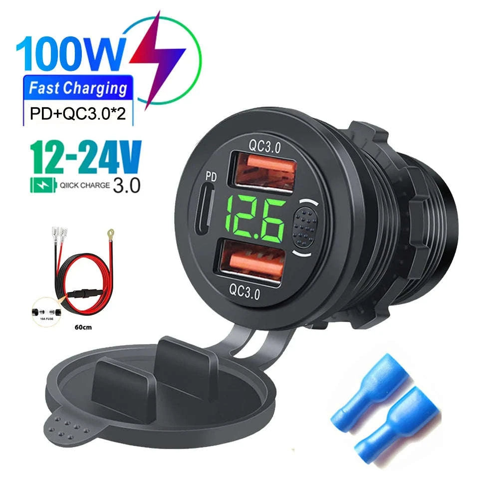 100W USB Car Charger Socket with Dual QC3.0, USB-C PD, Voltmeter and Touch Switch-Blue with wire