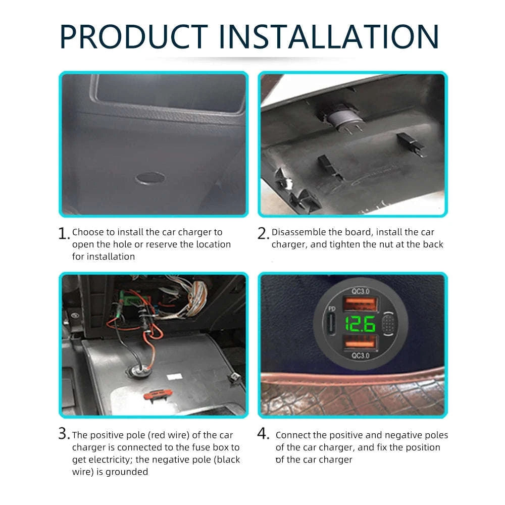 100W USB Car Charger Socket with Dual QC3.0, USB-C PD, Voltmeter and Touch Switch-Blue with wire