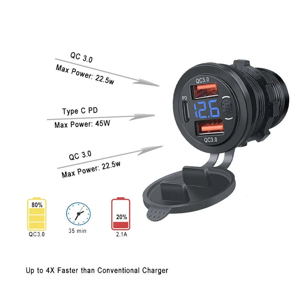 100W USB Car Charger Socket with Dual QC3.0, USB-C PD, Voltmeter and Touch Switch-Blue with wire