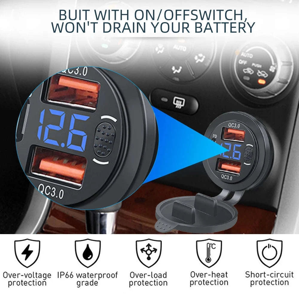100W USB Car Charger Socket with Dual QC3.0, USB-C PD, Voltmeter and Touch Switch-Blue with wire