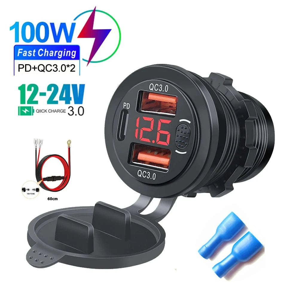 100W USB Car Charger Socket with Dual QC3.0, USB-C PD, Voltmeter and Touch Switch-Blue with wire