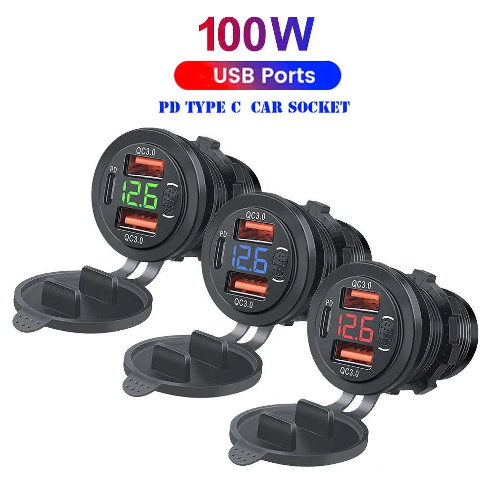 100W USB Car Charger Socket with Dual QC3.0, USB-C PD, Voltmeter and Touch Switch-Blue with wire