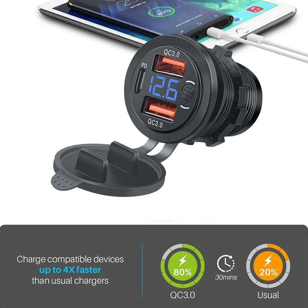 100W USB Car Charger Socket with Dual QC3.0, USB-C PD, Voltmeter and Touch Switch-Blue with wire