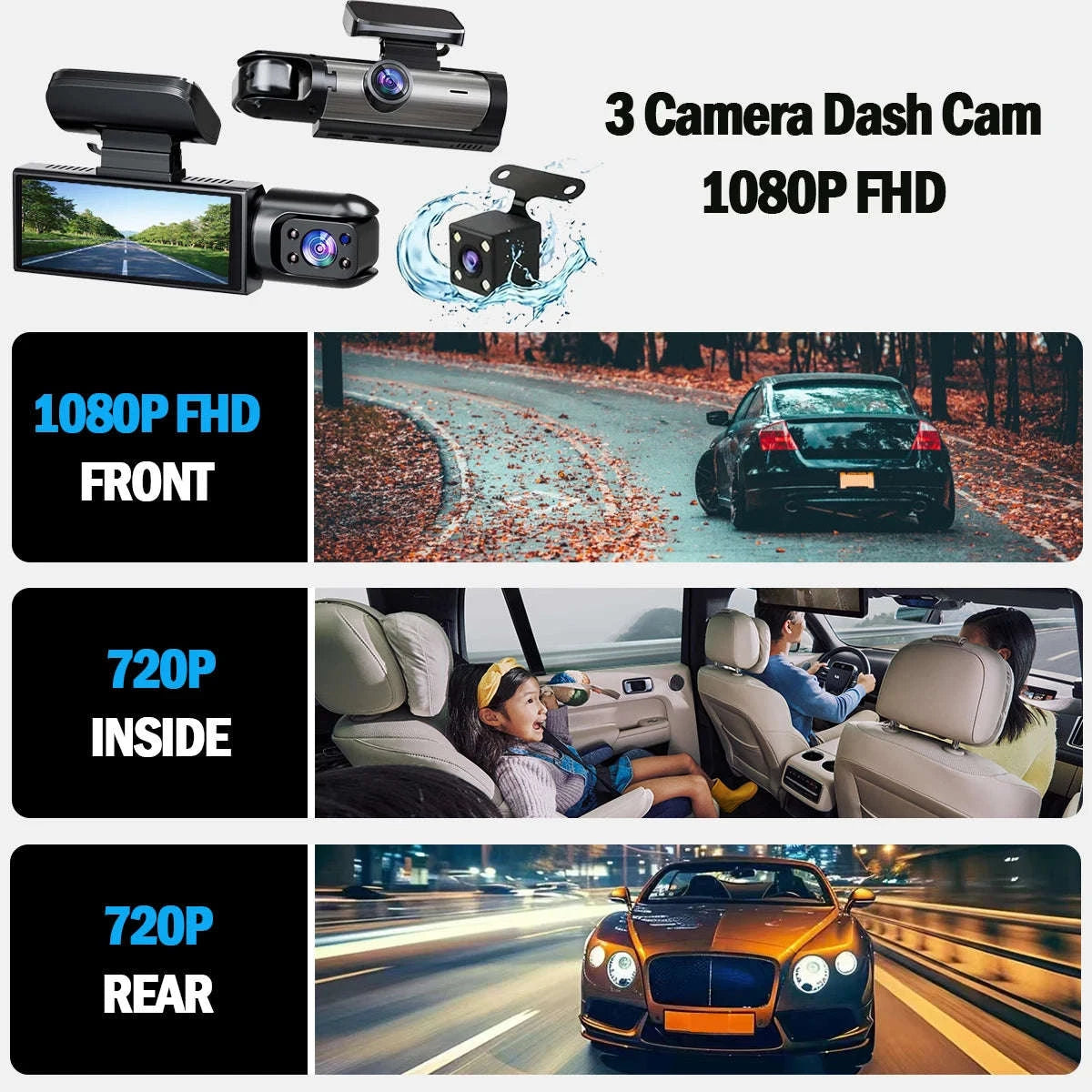 1080P 3-Channel Dash Cam with Front Rear Interior Recording-3-CH-Hardwire kit / No SD Card