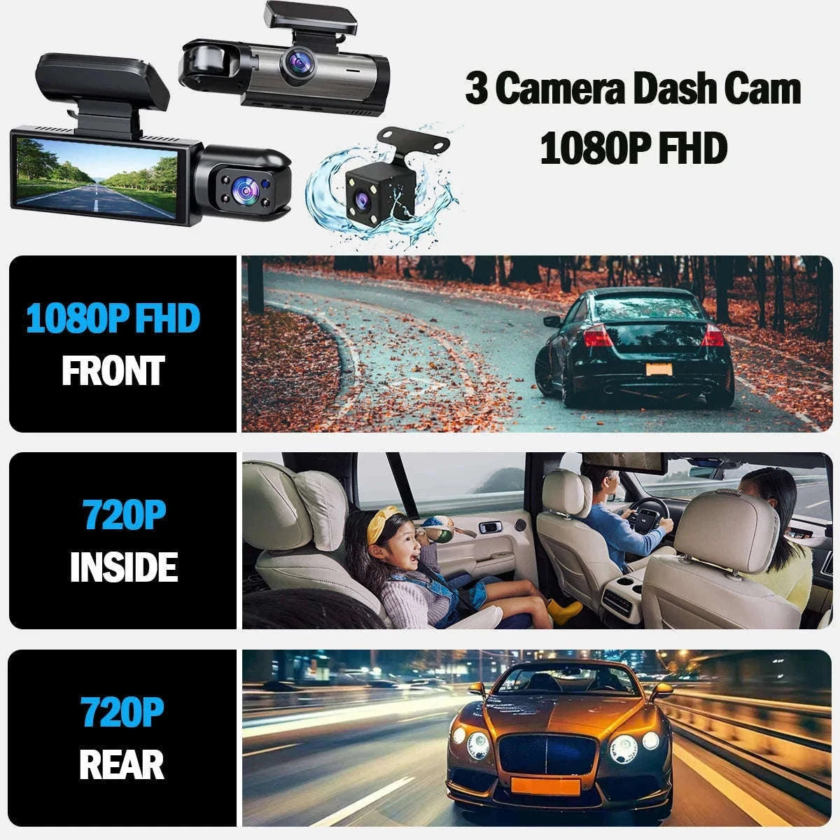 1080P 3-Channel Dash Cam with Front Rear Interior Recording-3-CH-Hardwire kit / No SD Card