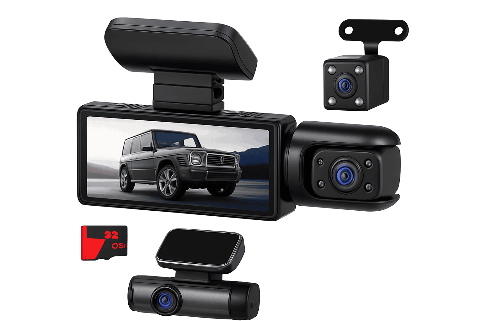 1080P 3-Channel Dash Cam with Front Rear Interior Recording-3-CH-Hardwire kit / No SD Card
