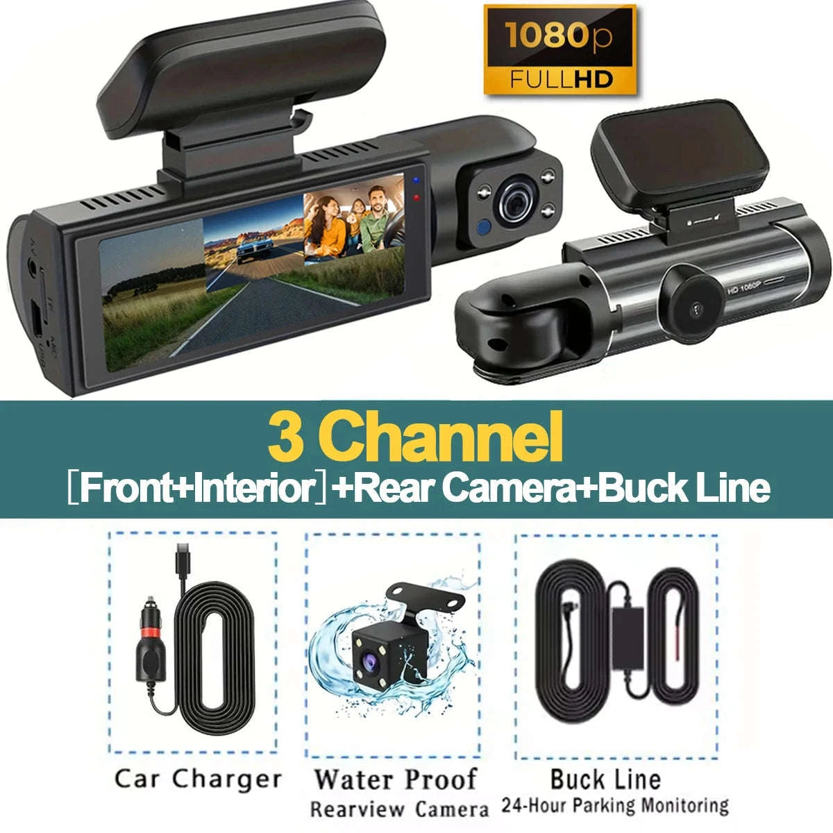 1080P 3-Channel Dash Cam with Front Rear Interior Recording-3-CH-Hardwire kit / No SD Card