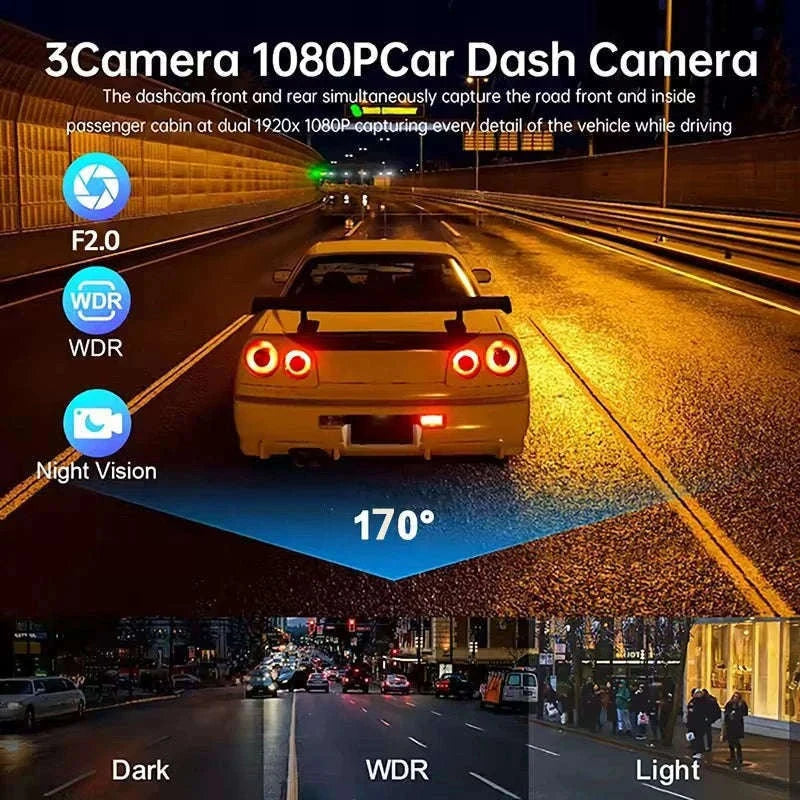 1080P 3-Channel Dash Cam with Front Rear Interior Recording-3-CH-Hardwire kit / No SD Card