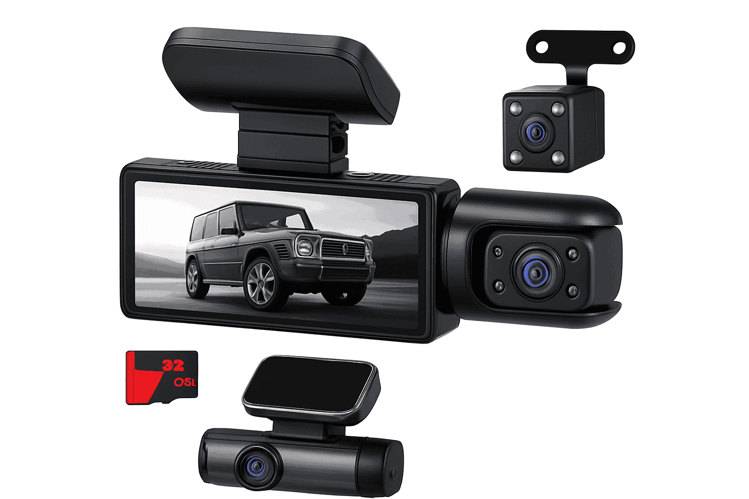 1080P 3-Channel Dash Cam with Front Rear Interior Recording-3-CH-Hardwire kit / No SD Card
