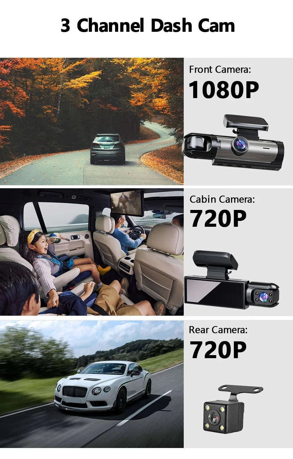 1080P 3-Channel Dash Cam with Front Rear Interior Recording-3-CH-Hardwire kit / No SD Card