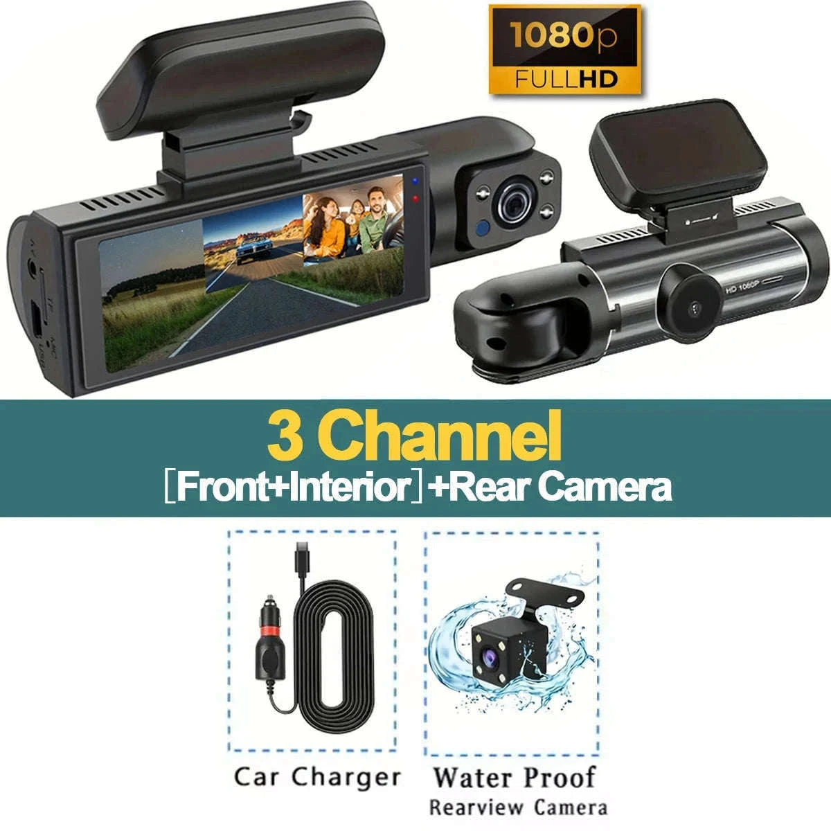 1080P 3-Channel Dash Cam with Front Rear Interior Recording-3-CH-Hardwire kit / No SD Card