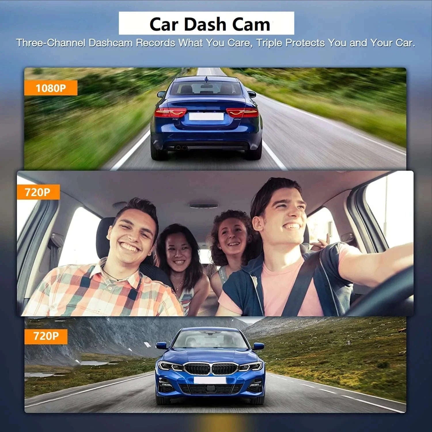 1080P 3-Channel Dash Cam with Front Rear Interior Recording-3-CH-Hardwire kit / No SD Card