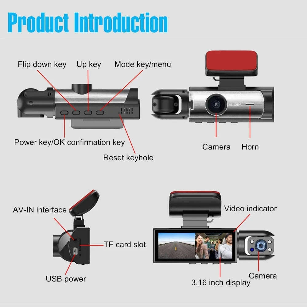 1080P 3-Channel Dash Cam with Front Rear Interior Recording-3-CH-Hardwire kit / No SD Card