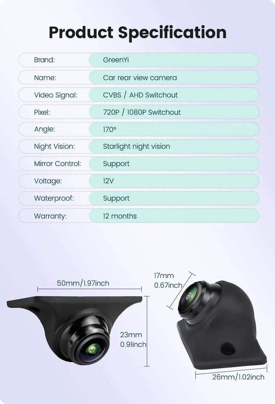 1080P Car Rear View Camera with Night Vision and 170° Lens-Black / AHD1080P