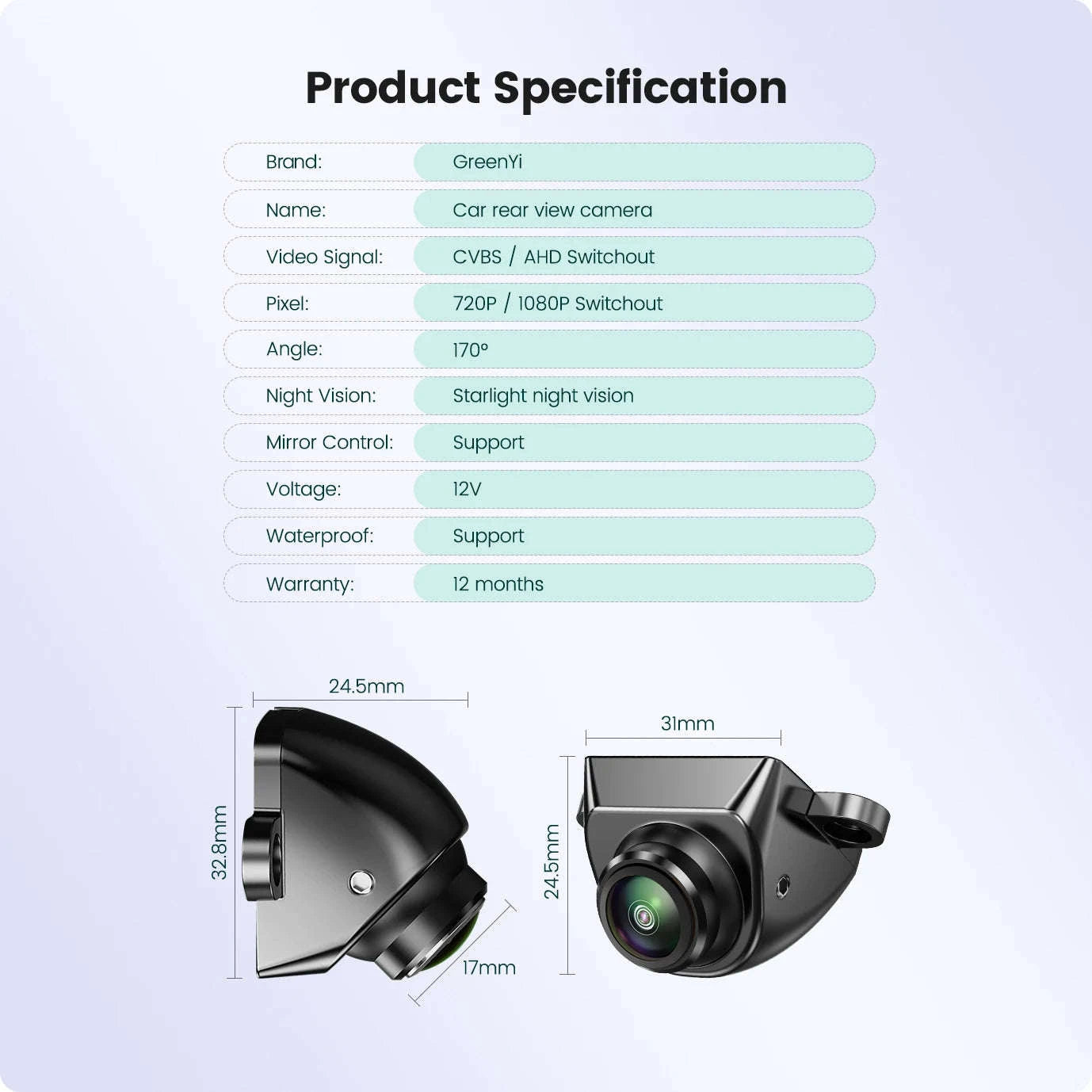 1080P Car Rear View Camera with Night Vision and 170° Wide-Angle Lens-Black / AHD1080P