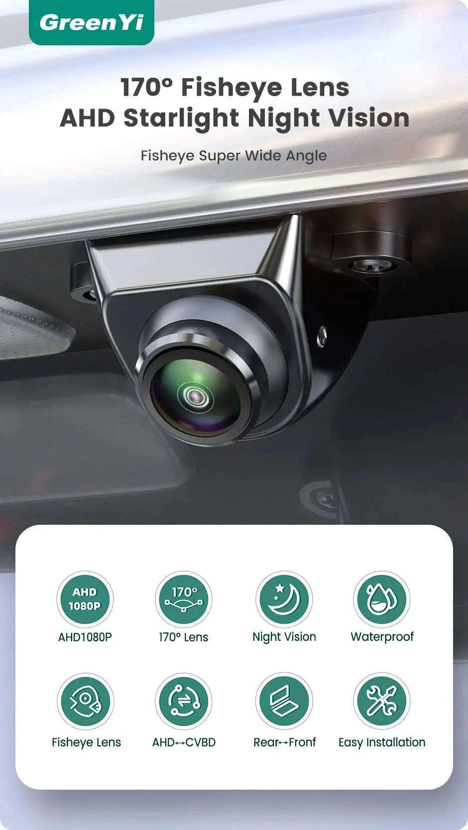 1080P Car Rear View Camera with Night Vision and 170° Wide-Angle Lens-Black / AHD1080P