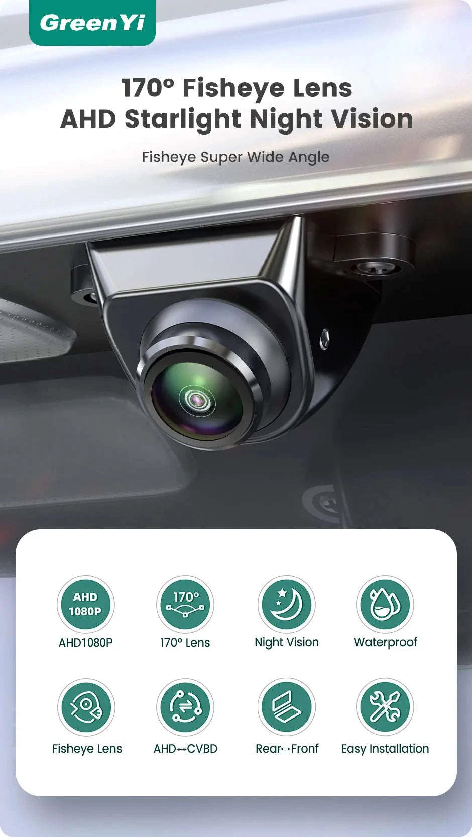 1080P Car Rear View Camera with Night Vision and 170° Wide-Angle Lens-Black / AHD1080P