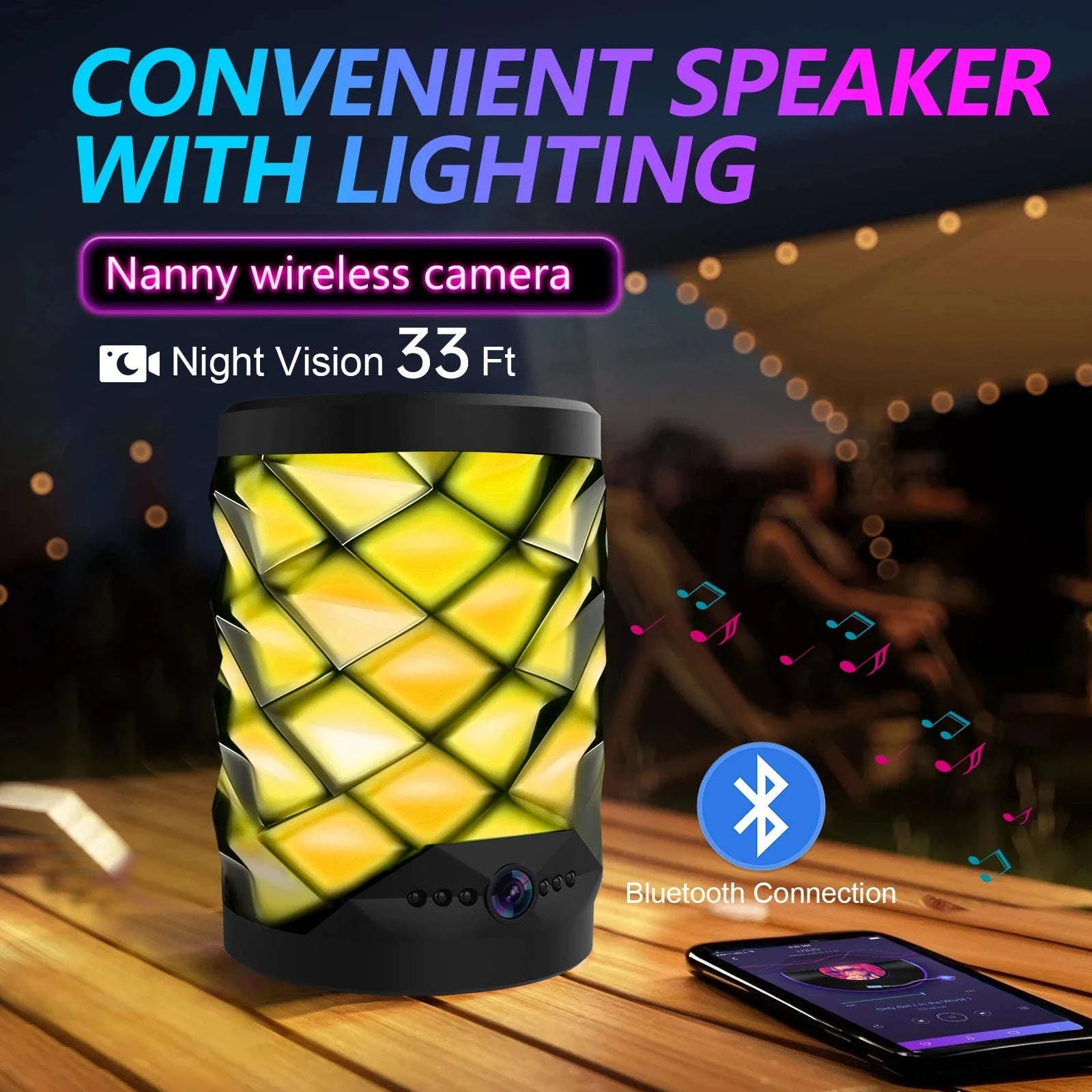 1080P HD Mini Wifi Camera Bluetooth Speaker Home Security Surveillance Two-way Remote Intercom Night Vision Cam Colorful Lights-camera with 32GB