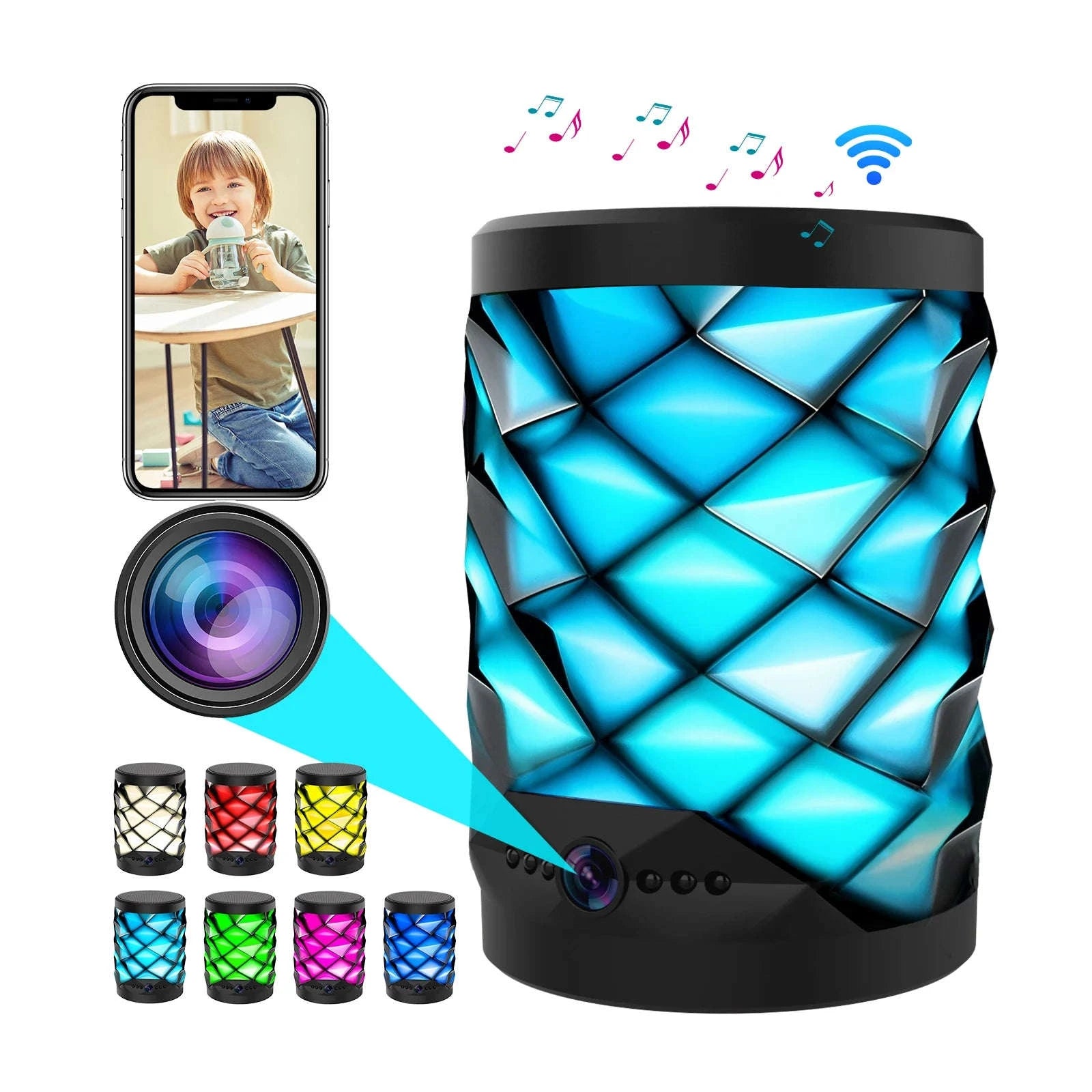 1080P HD Mini Wifi Camera Bluetooth Speaker Home Security Surveillance Two-way Remote Intercom Night Vision Cam Colorful Lights-camera with 32GB